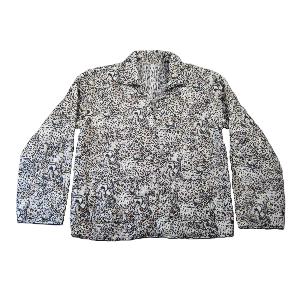 Vtg Leopard Cheetah Quilted Jacket XL Gray Black Button Safari Glam Big Cats 90s